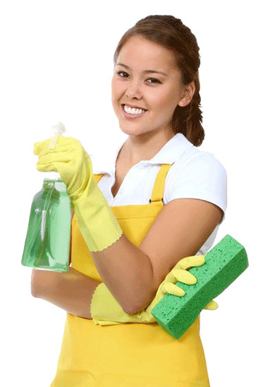 A professional maid holding a spray bottle and sponge
